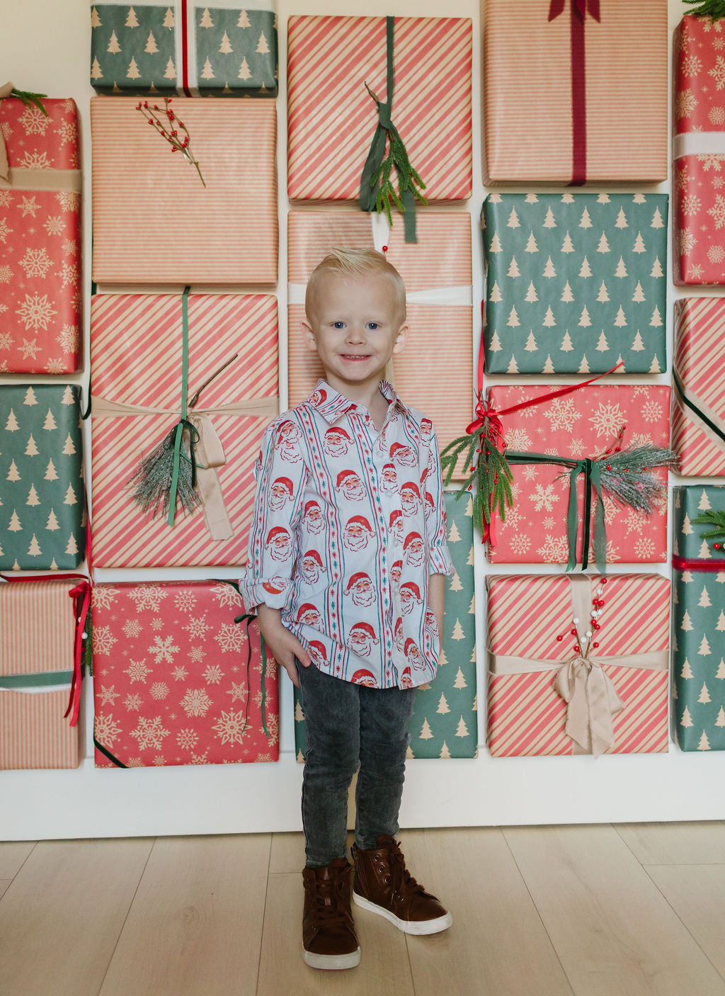Boys Button Down in Vintage Santa