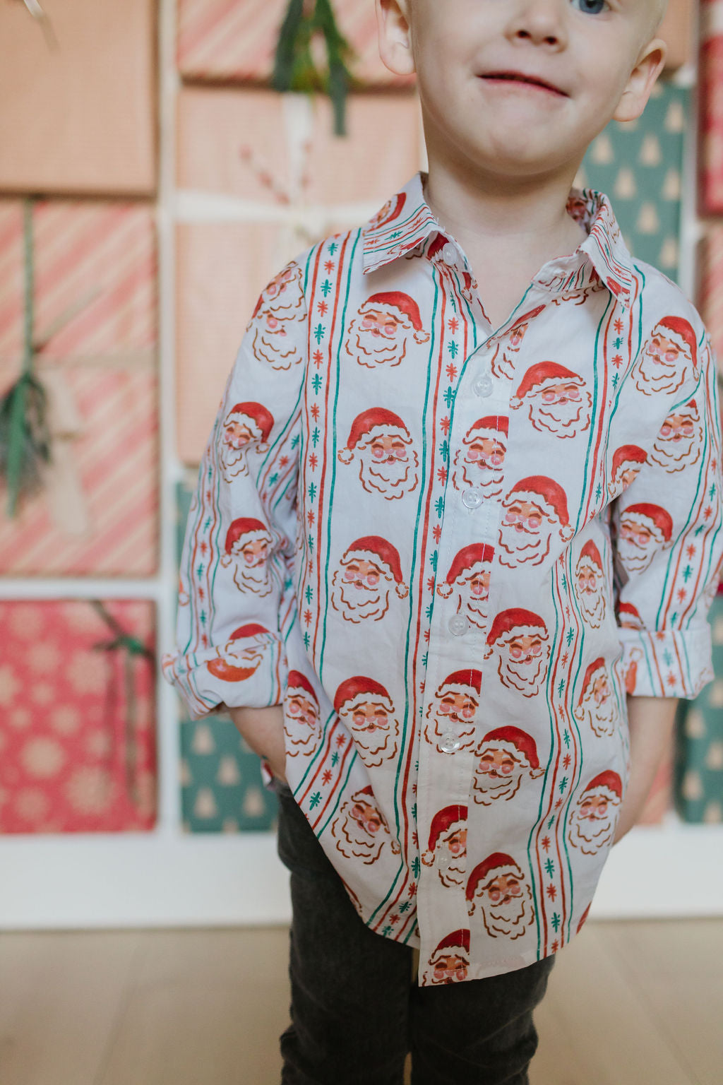 Boys Button Down in Vintage Santa