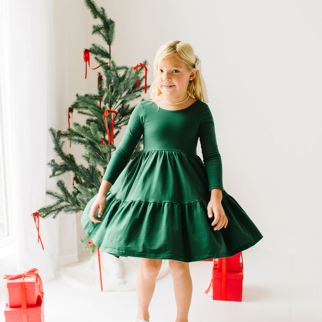 Gwendolyn Ruffle Dress in Evergreen, Girls' Twirl Dress by Ollie Jay