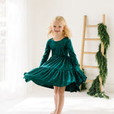Gwendolyn Ruffle Dress in Crushed Green Velvet