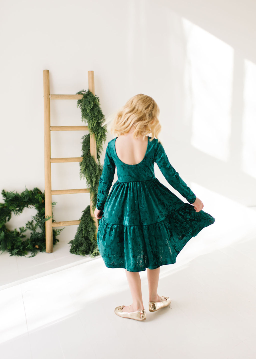 Gwendolyn Ruffle Dress in Crushed Green Velvet