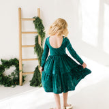 Gwendolyn Ruffle Dress in Crushed Green Velvet