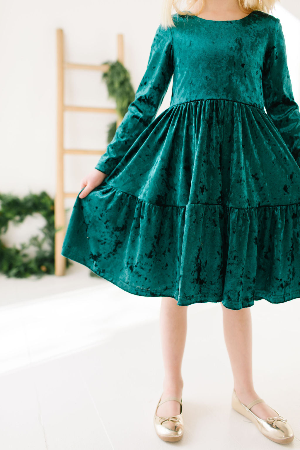 Gwendolyn Ruffle Dress in Crushed Green Velvet