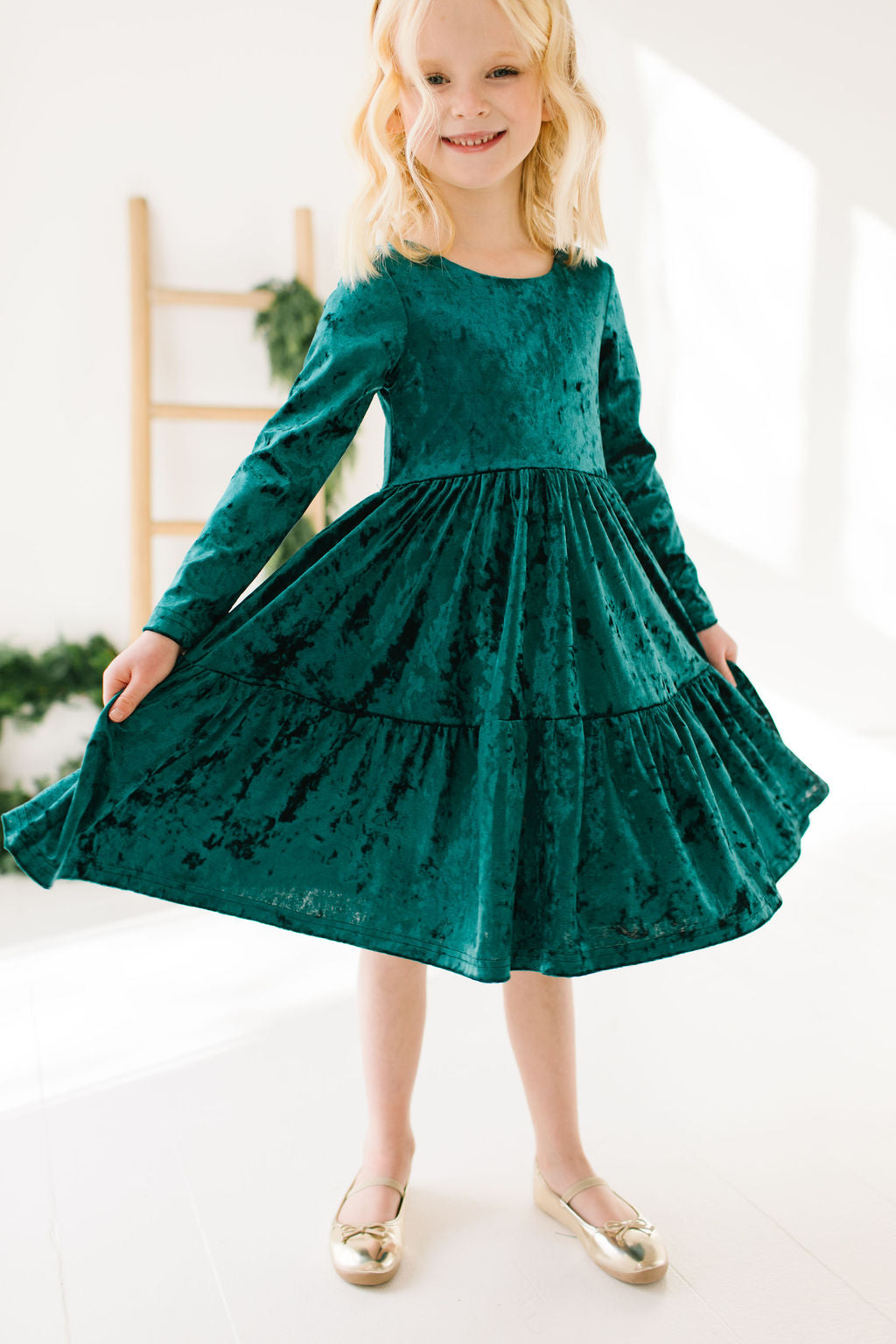 Gwendolyn Ruffle Dress in Crushed Green Velvet