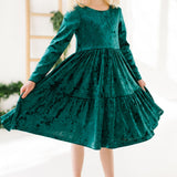 Gwendolyn Ruffle Dress in Crushed Green Velvet