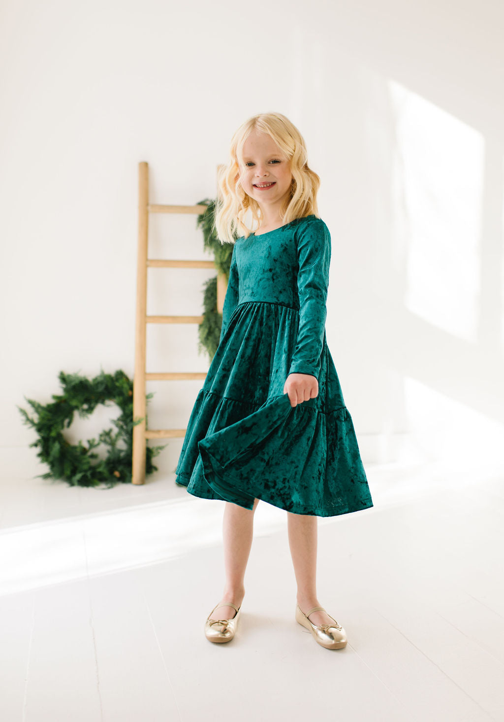 Gwendolyn Ruffle Dress in Crushed Green Velvet