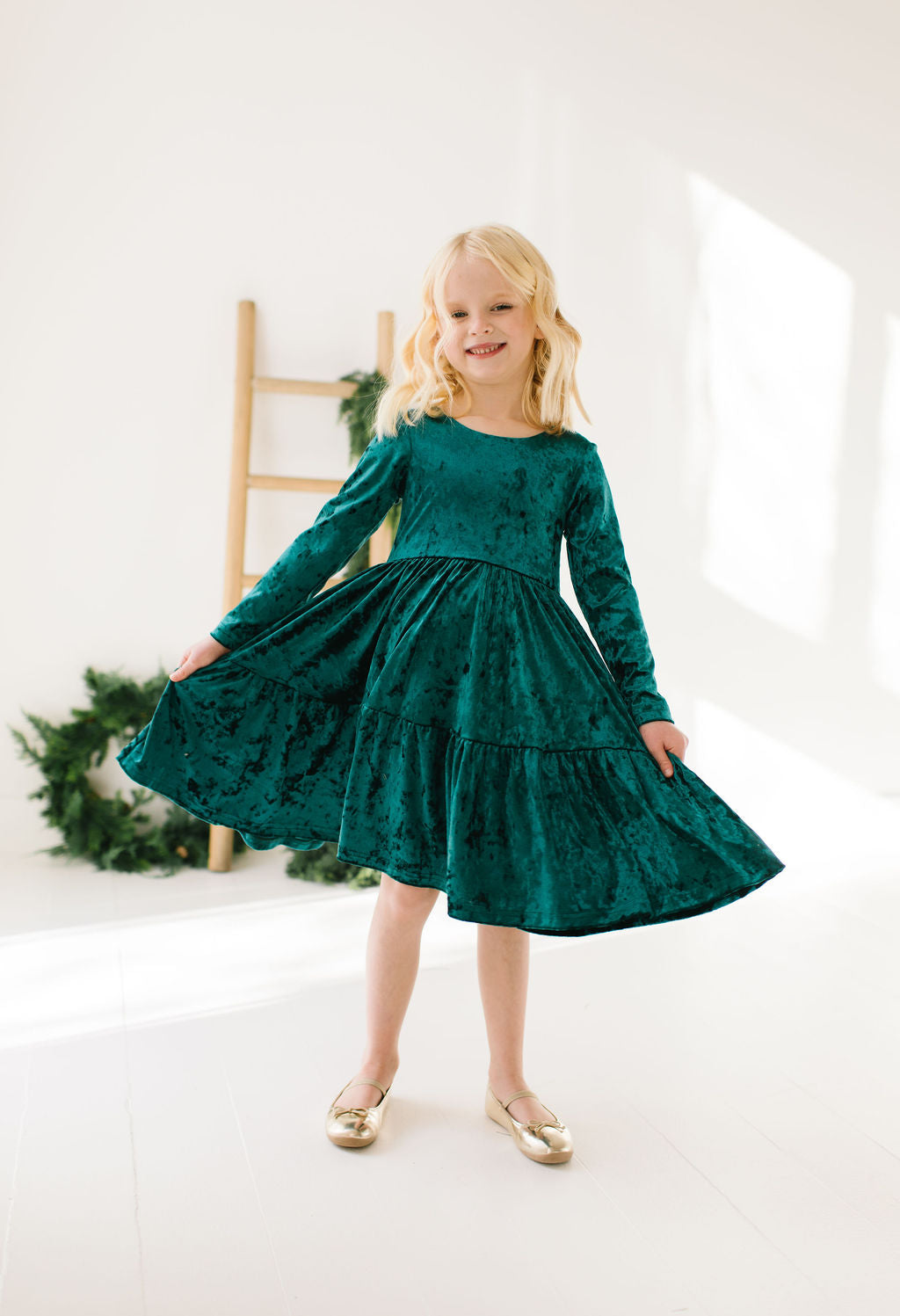 Gwendolyn Ruffle Dress in Crushed Green Velvet