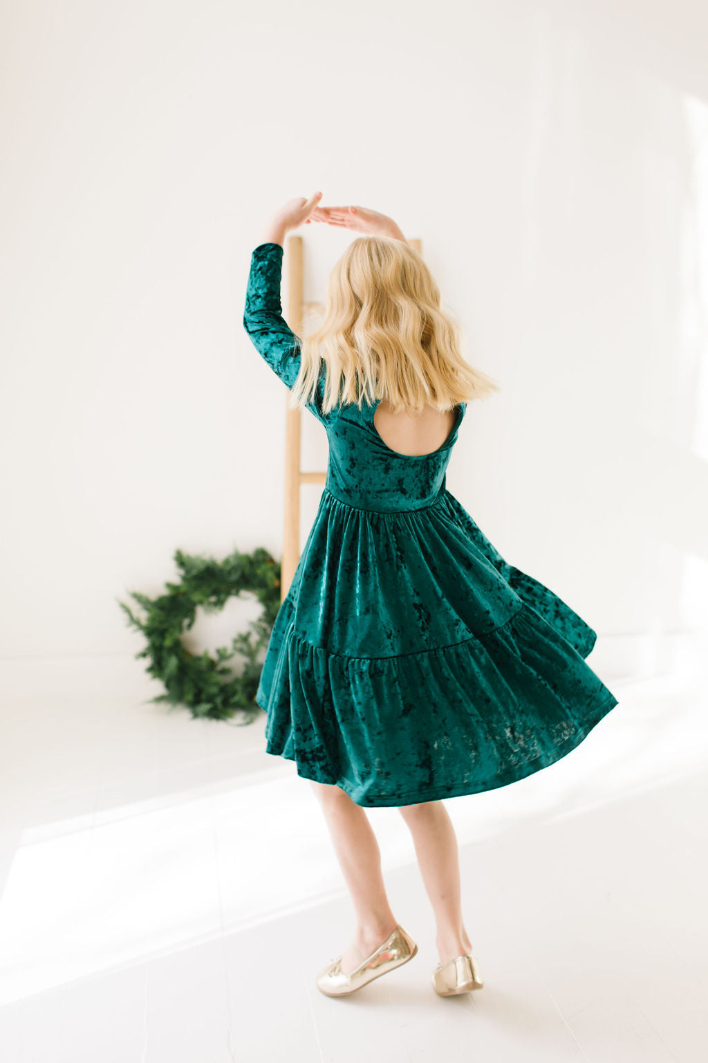 Gwendolyn Ruffle Dress in Crushed Green Velvet