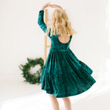 Gwendolyn Ruffle Dress in Crushed Green Velvet