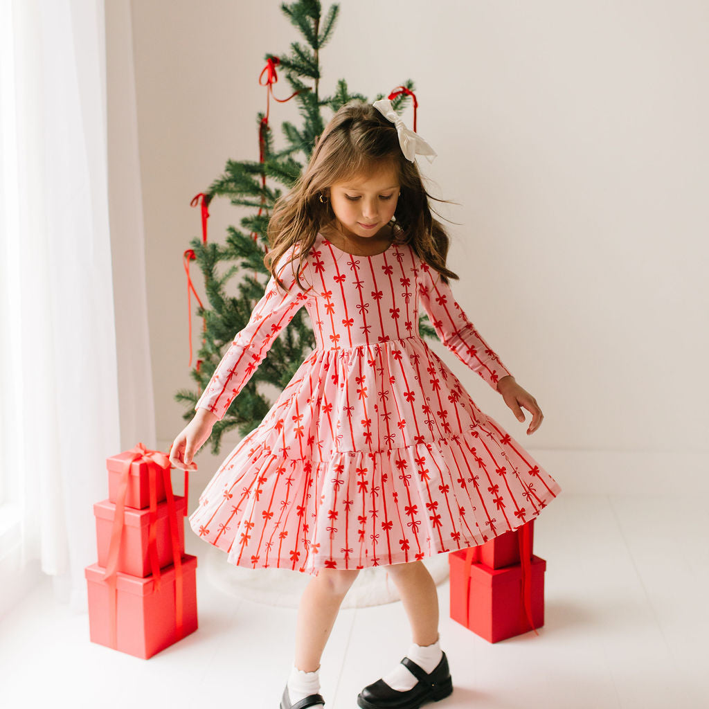 Gwendolyn Ruffle Dress in Dainty Bows, Girls' Twirl Dress by Ollie Jay