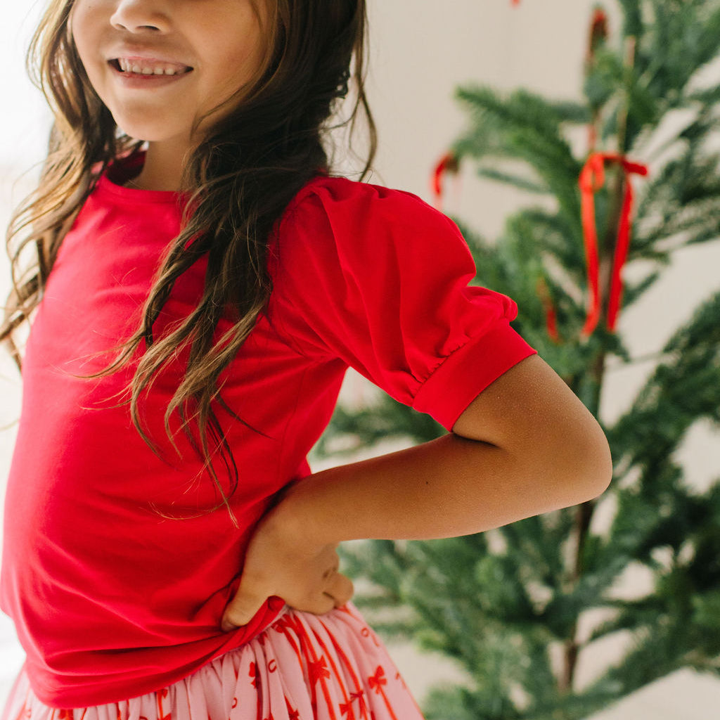 Puff Tee in Scarlet, Girls' Puff Sleeve T-Shirt by Ollie Jay