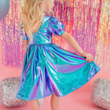 Puff Dress in Aqua Lamè