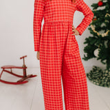 Long Sleeve Leggy Romper in Red Picnic Plaid